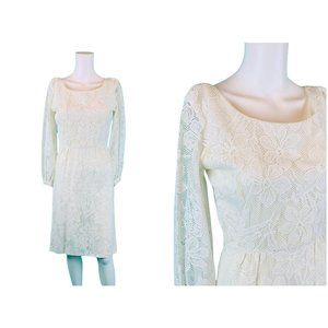 Vintage 60s Lace Dress Womens Extra Small White Floral Mini Cocktail